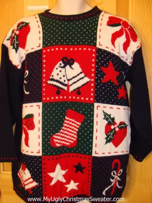 80s Christmas Sweater Grid Bells, Hearts, Stars