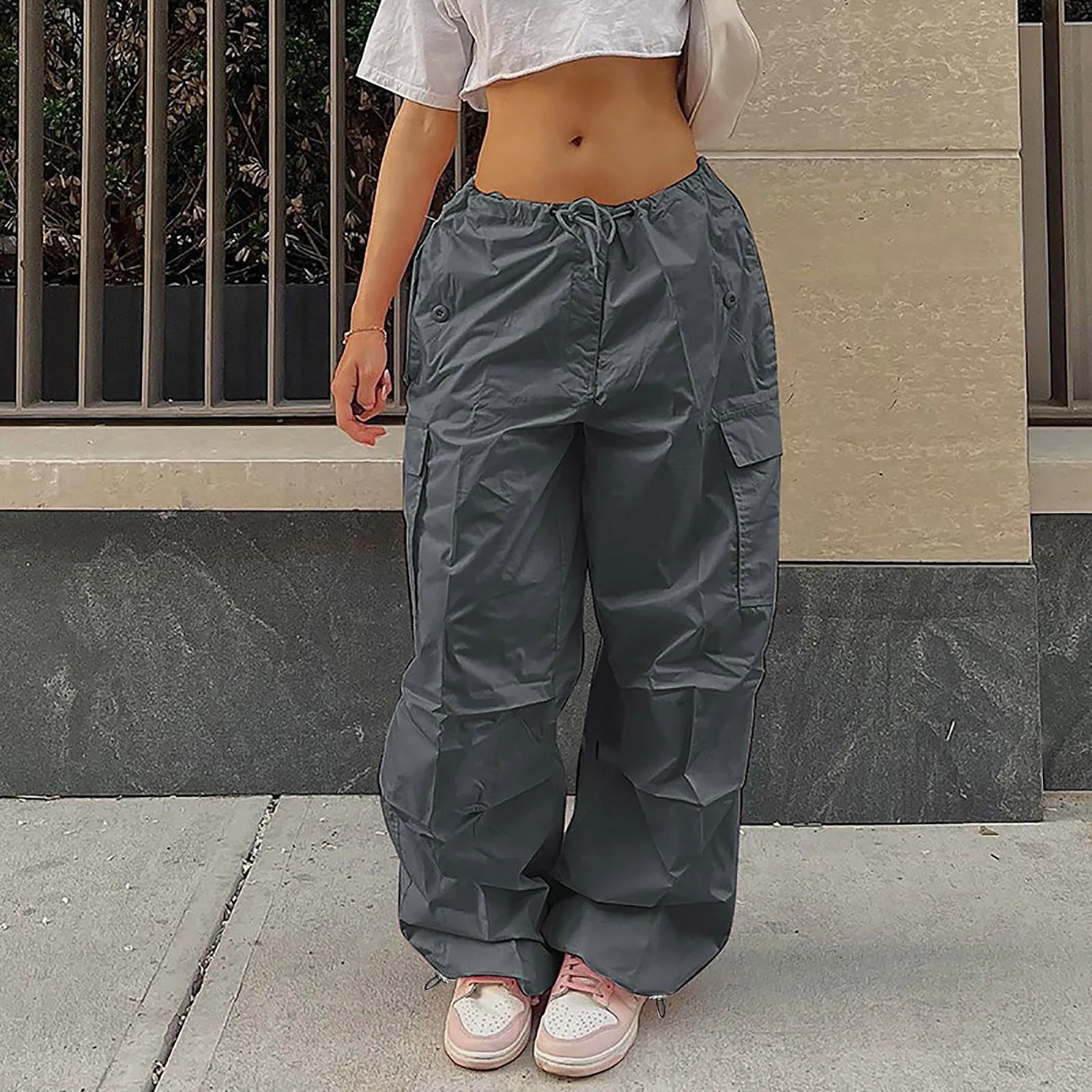 Amy Fashion - Cargo Pants Straight Wide Leg Loose Casual Trousers