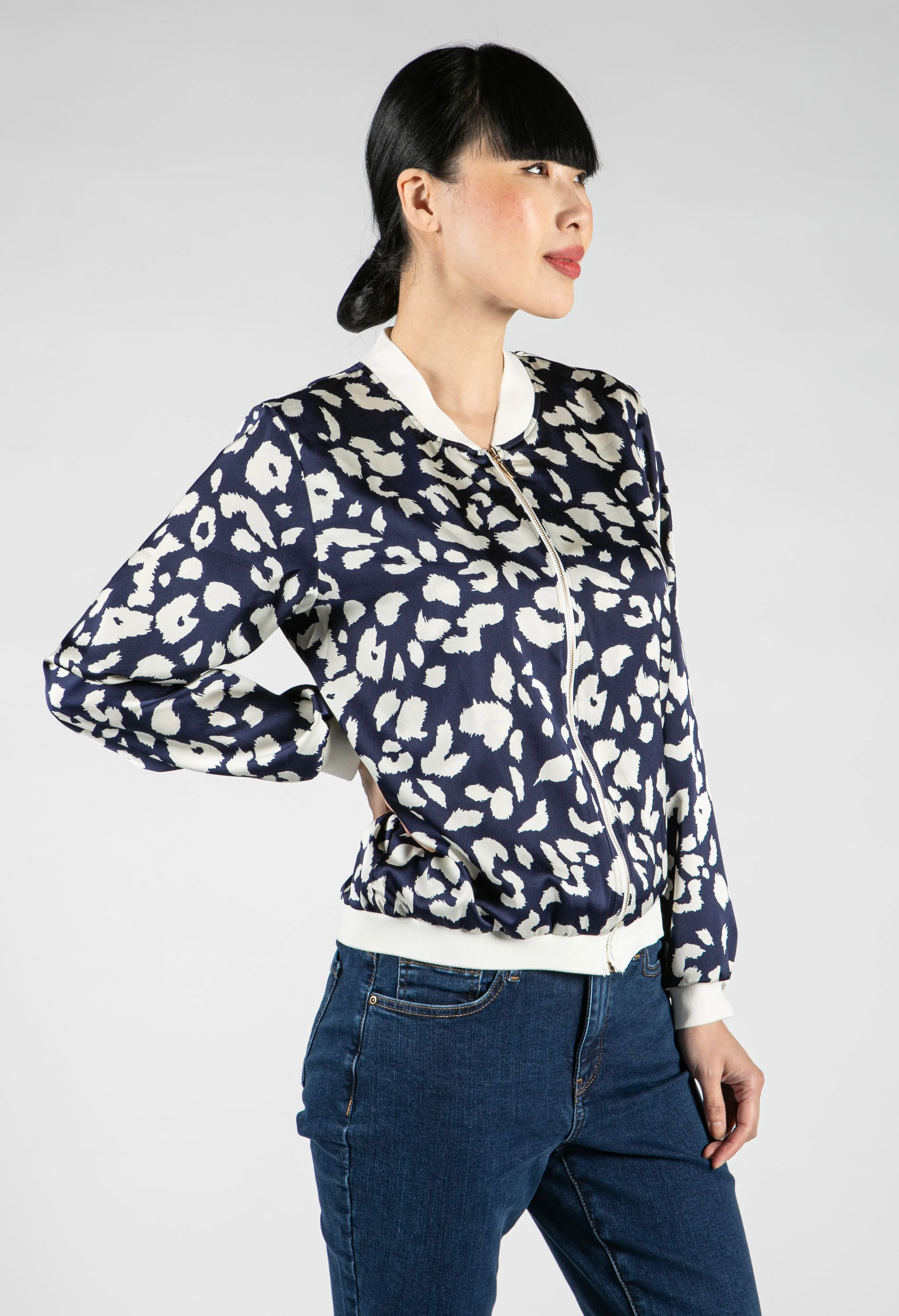 Animal Print Bomber Jacket in Navy