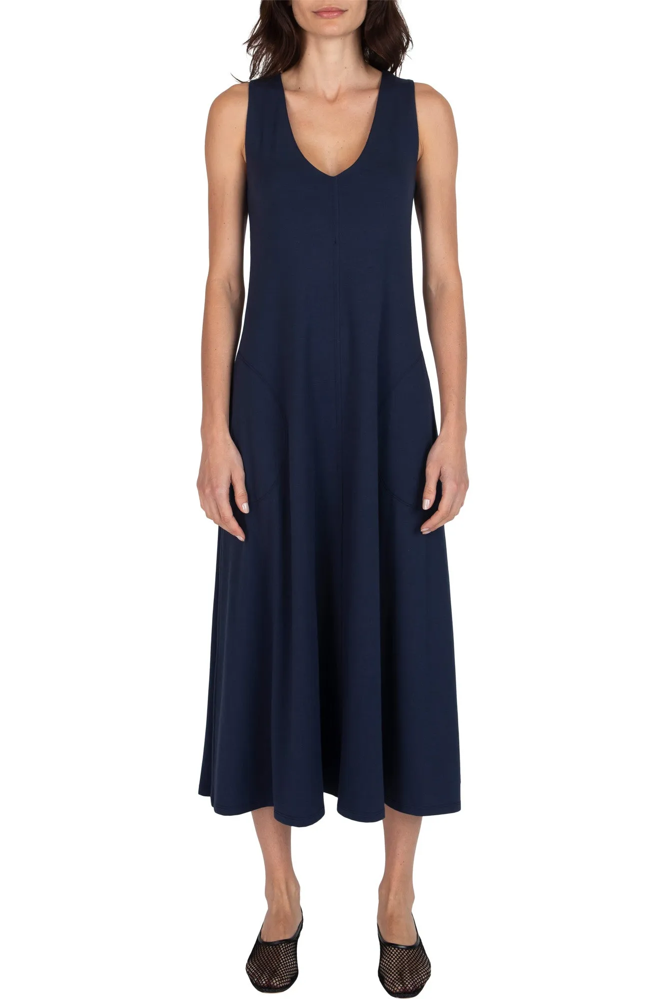 ATM Matte Jersey Deep Vneck Dress in Midnight