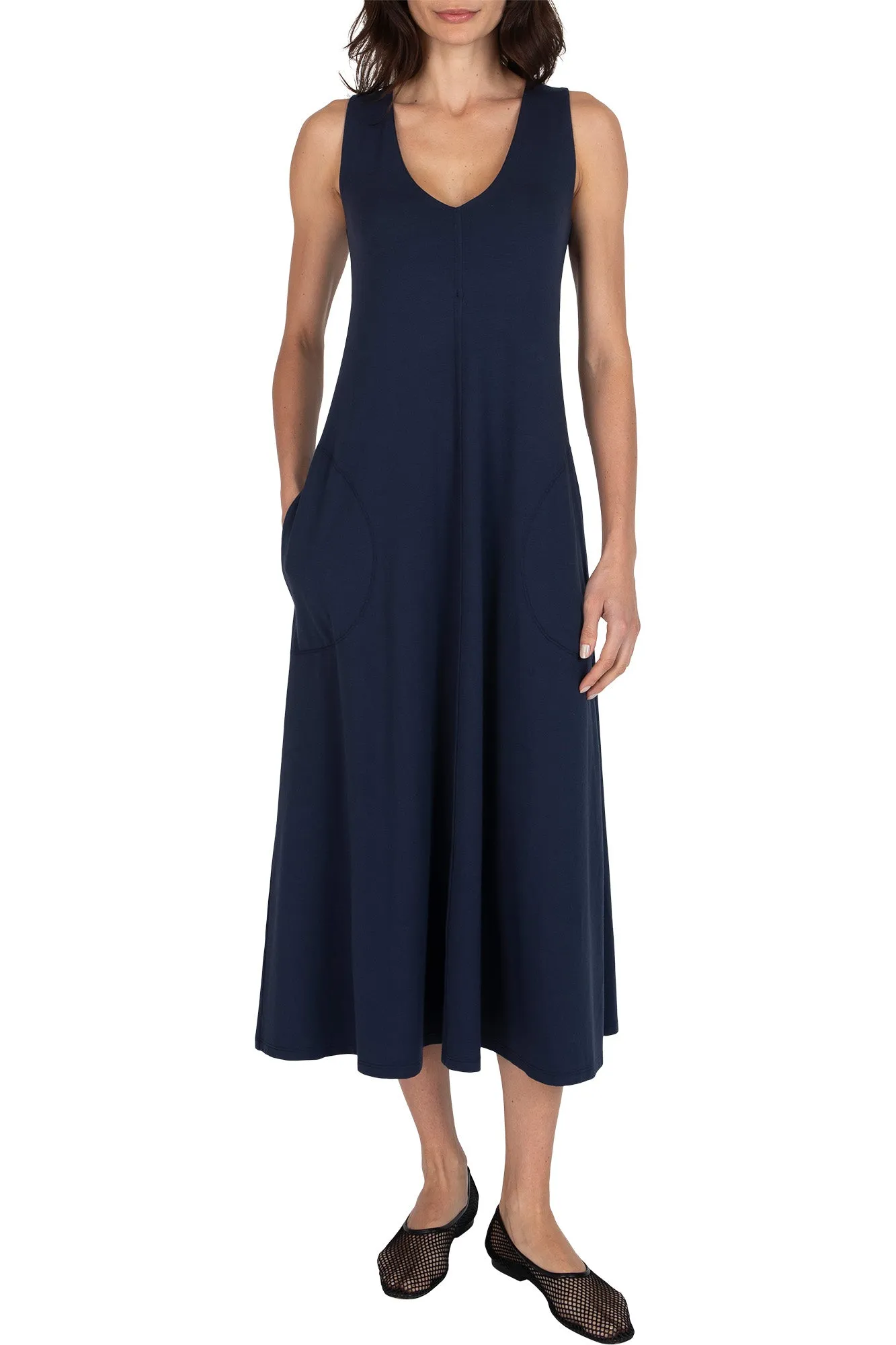 ATM Matte Jersey Deep Vneck Dress in Midnight