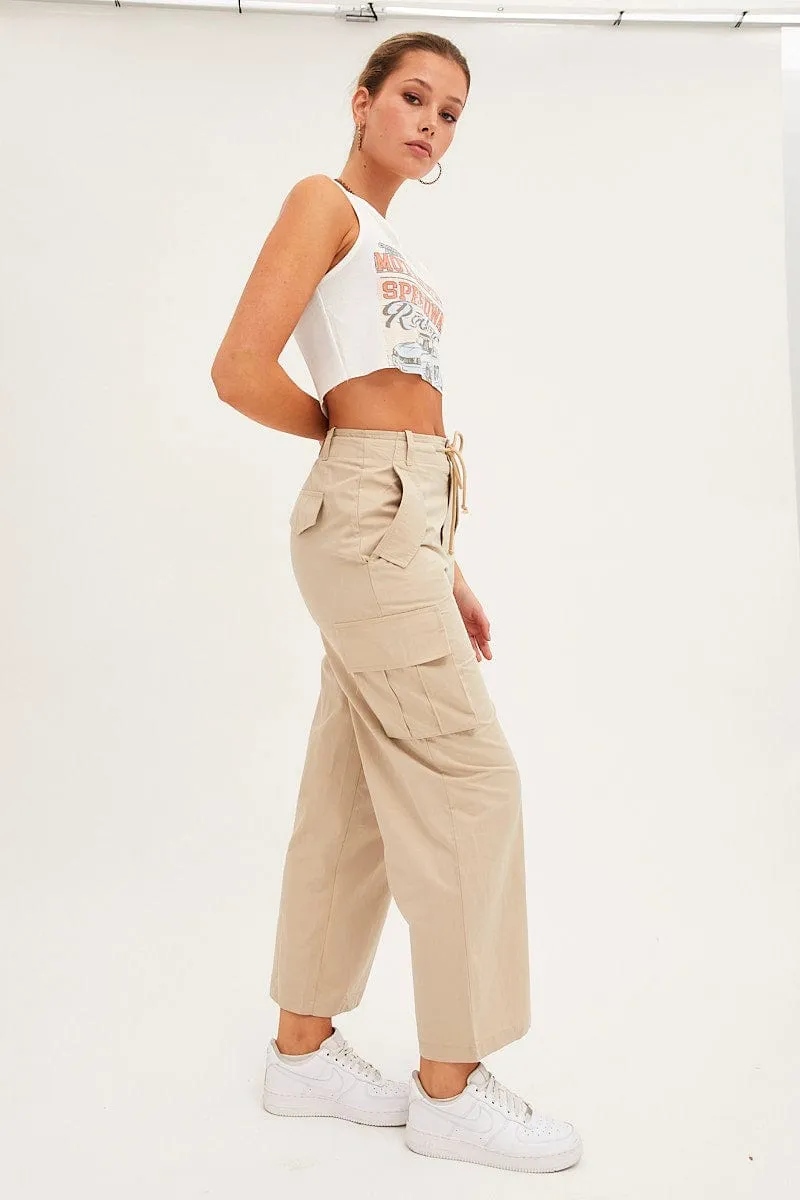 Beige Cargo Pants Relaxed Wide Leg