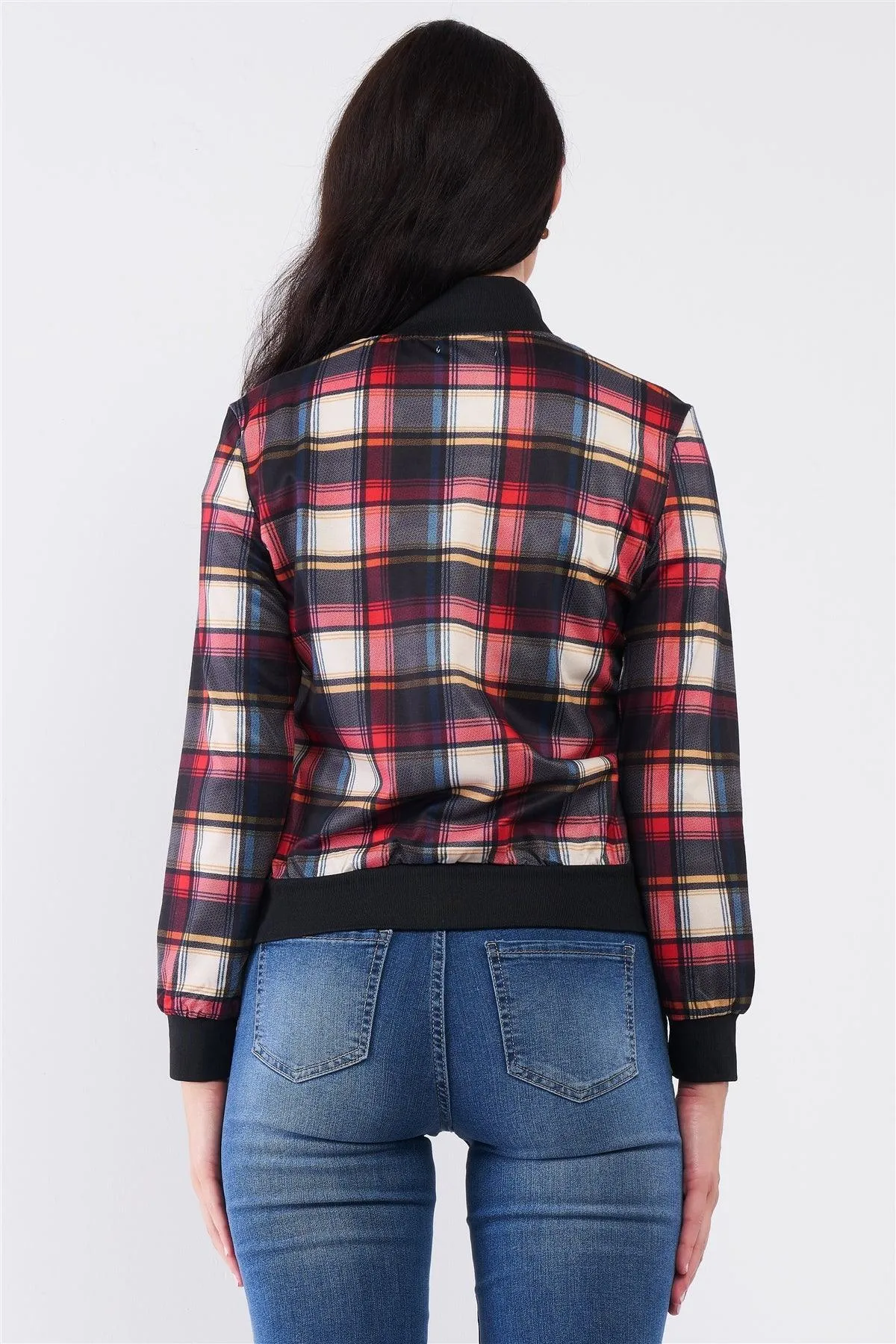 Beige Multicolor Flannel Check Print Two Pockets Detail Front Zip-Up Light Bomber Jacket /1-1-1-1