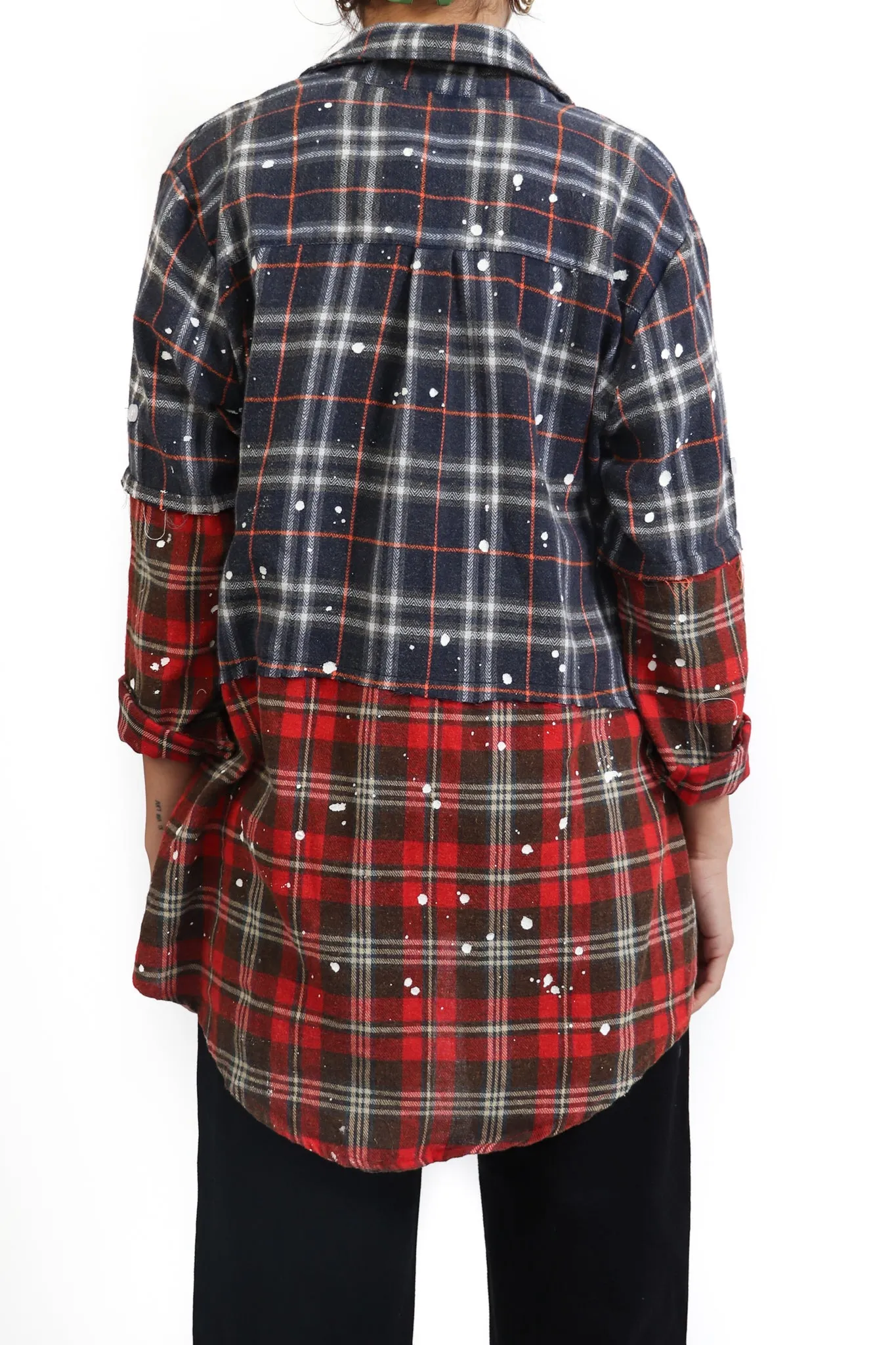 Blue and Red Plaid Paint Splatter Flannel Shirt