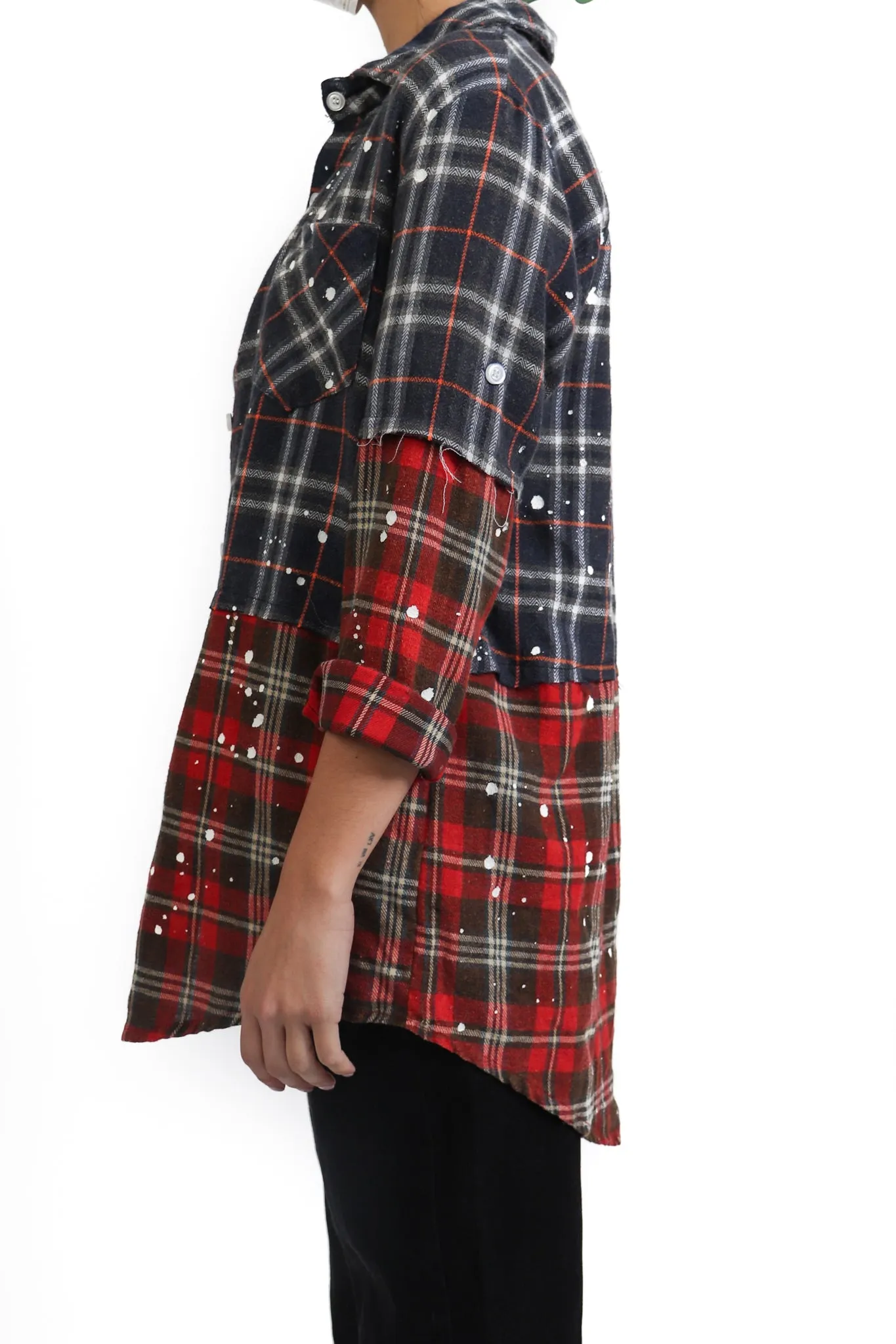 Blue and Red Plaid Paint Splatter Flannel Shirt