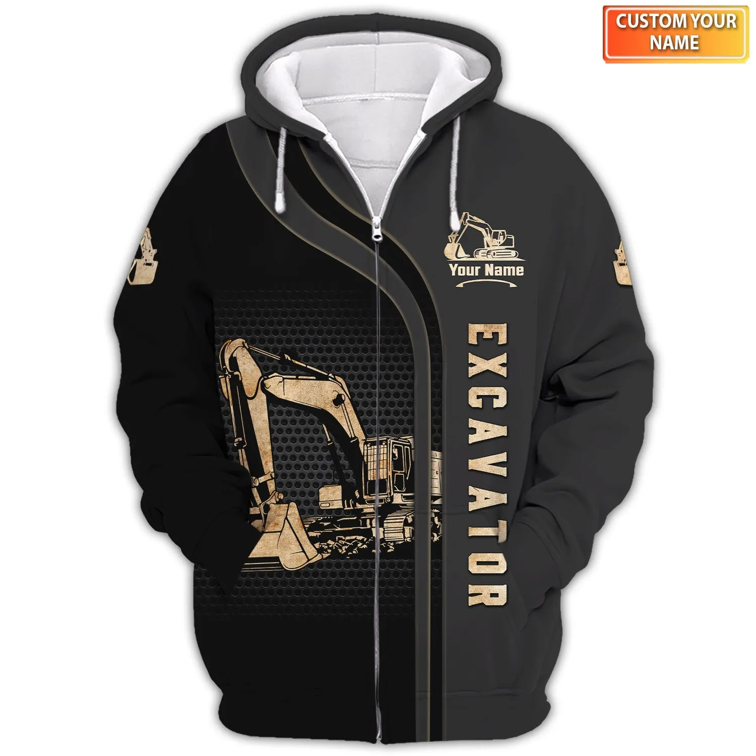 Excavator Black and Yellow 3D Sweatshirt Zip Hoodie Bomber, Gift For Excavator Man, Excavator Shirts