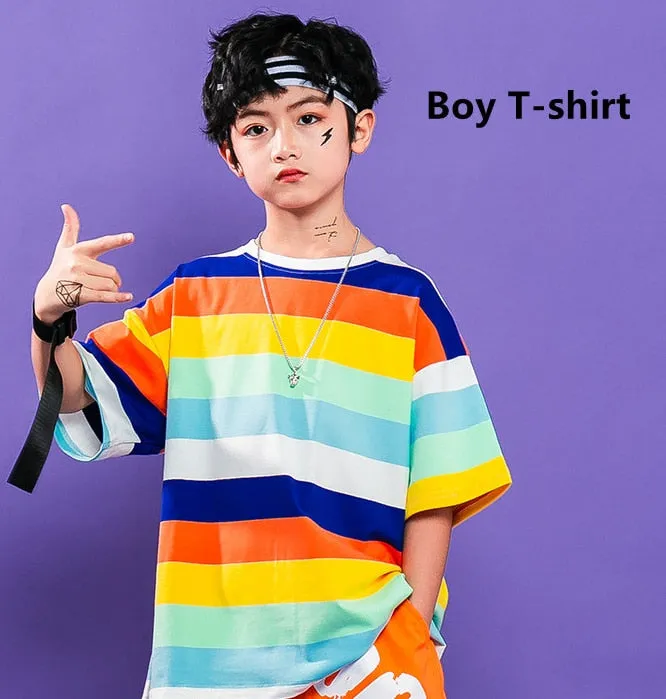 #HH458 Girls Striped Crop Top Cargo Pants -Boys Hip Hop Rainbow T-Shirt Shorts and Cargo Pants