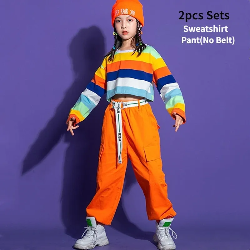 #HH458 Girls Striped Crop Top Cargo Pants -Boys Hip Hop Rainbow T-Shirt Shorts and Cargo Pants