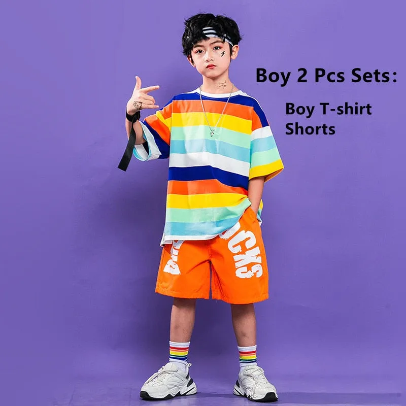 #HH458 Girls Striped Crop Top Cargo Pants -Boys Hip Hop Rainbow T-Shirt Shorts and Cargo Pants