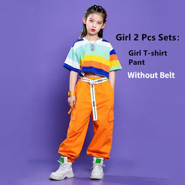 #HH458 Girls Striped Crop Top Cargo Pants -Boys Hip Hop Rainbow T-Shirt Shorts and Cargo Pants