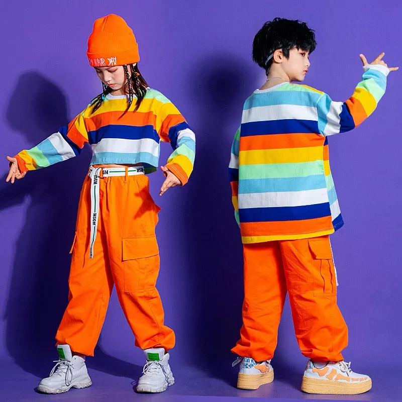 #HH458 Girls Striped Crop Top Cargo Pants -Boys Hip Hop Rainbow T-Shirt Shorts and Cargo Pants