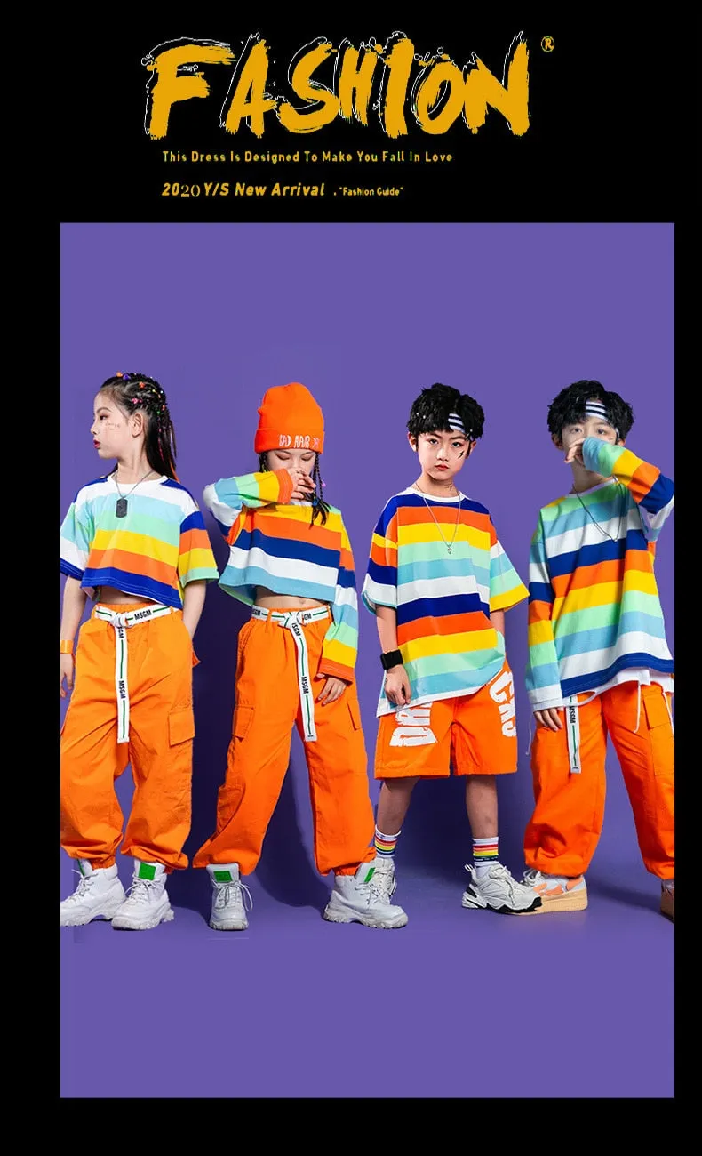 #HH458 Girls Striped Crop Top Cargo Pants -Boys Hip Hop Rainbow T-Shirt Shorts and Cargo Pants