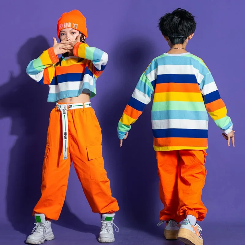 #HH458 Girls Striped Crop Top Cargo Pants -Boys Hip Hop Rainbow T-Shirt Shorts and Cargo Pants