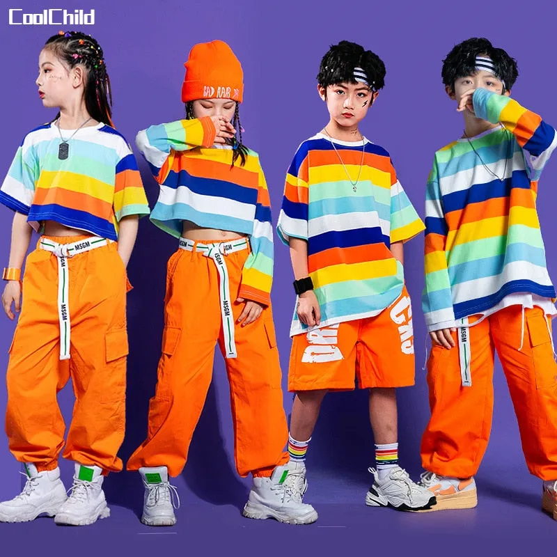 #HH458 Girls Striped Crop Top Cargo Pants -Boys Hip Hop Rainbow T-Shirt Shorts and Cargo Pants