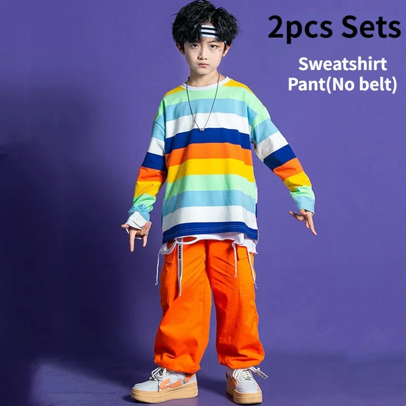 #HH458 Girls Striped Crop Top Cargo Pants -Boys Hip Hop Rainbow T-Shirt Shorts and Cargo Pants