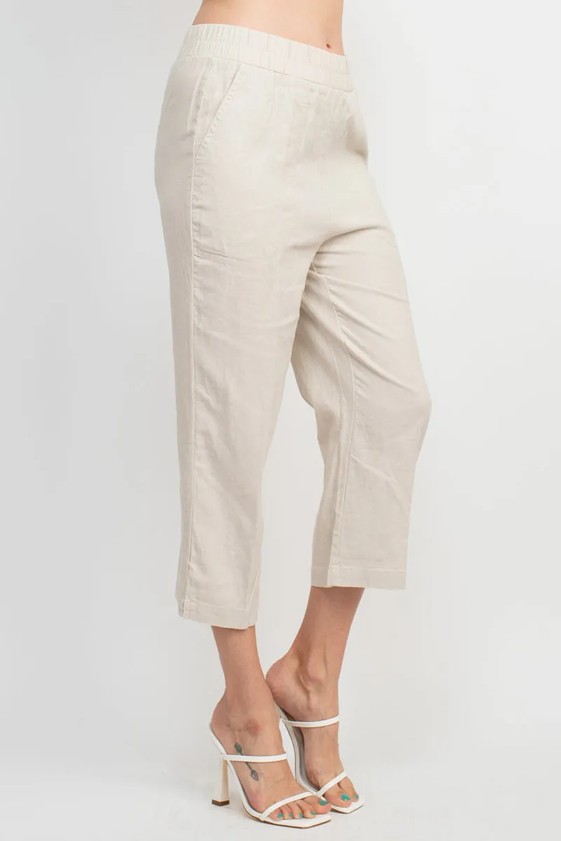 Land N Sea Pull-on Elastic Waist Slit Bottom Linen Pant with Pockets