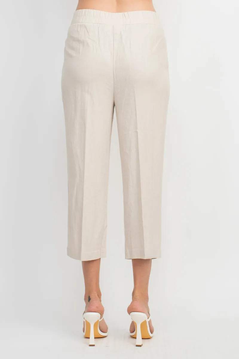 Land N Sea Pull-on Elastic Waist Slit Bottom Linen Pant with Pockets