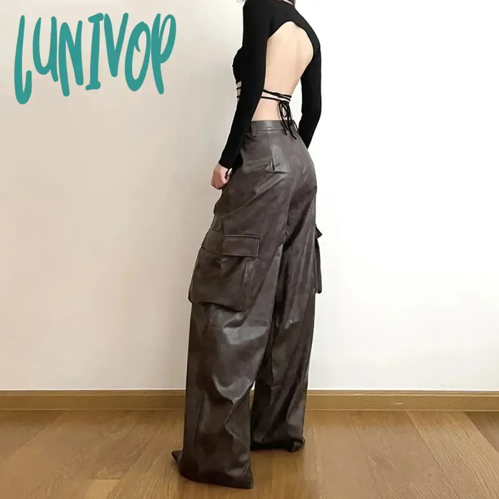 Lunivop Brown Classic Retro All-match Casual High Street Fashionable Cool Confident Youth Hip-hop Women Autumn Straight Leg Pants