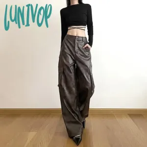 Lunivop Brown Classic Retro All-match Casual High Street Fashionable Cool Confident Youth Hip-hop Women Autumn Straight Leg Pants