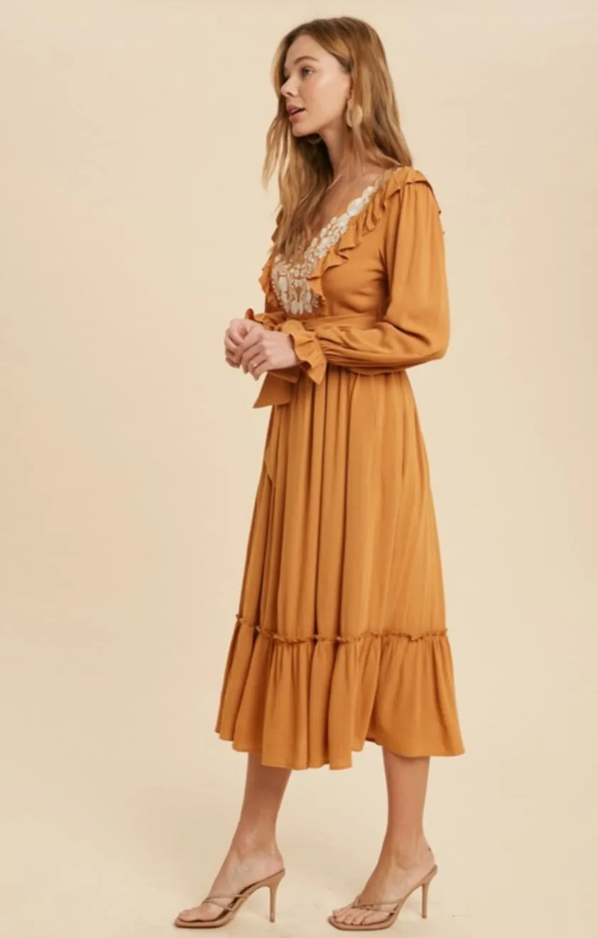 Marigold Ruffled Embroidered Midi Dress