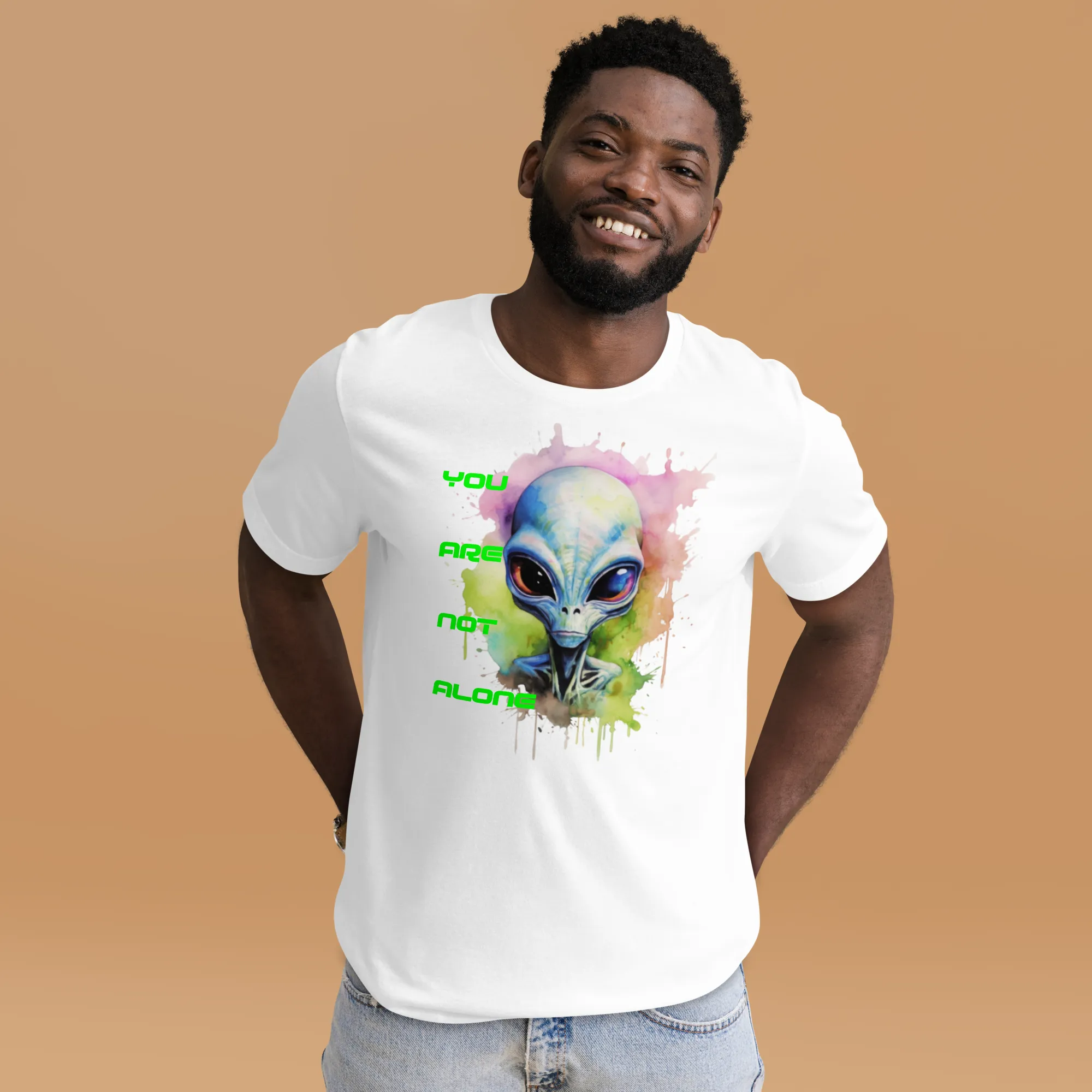 Men's Watercolor Alien You Are Not Alone Graphic T-Shirt