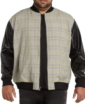 Plaid Bomber Jacket with Faux Leather Sleeves