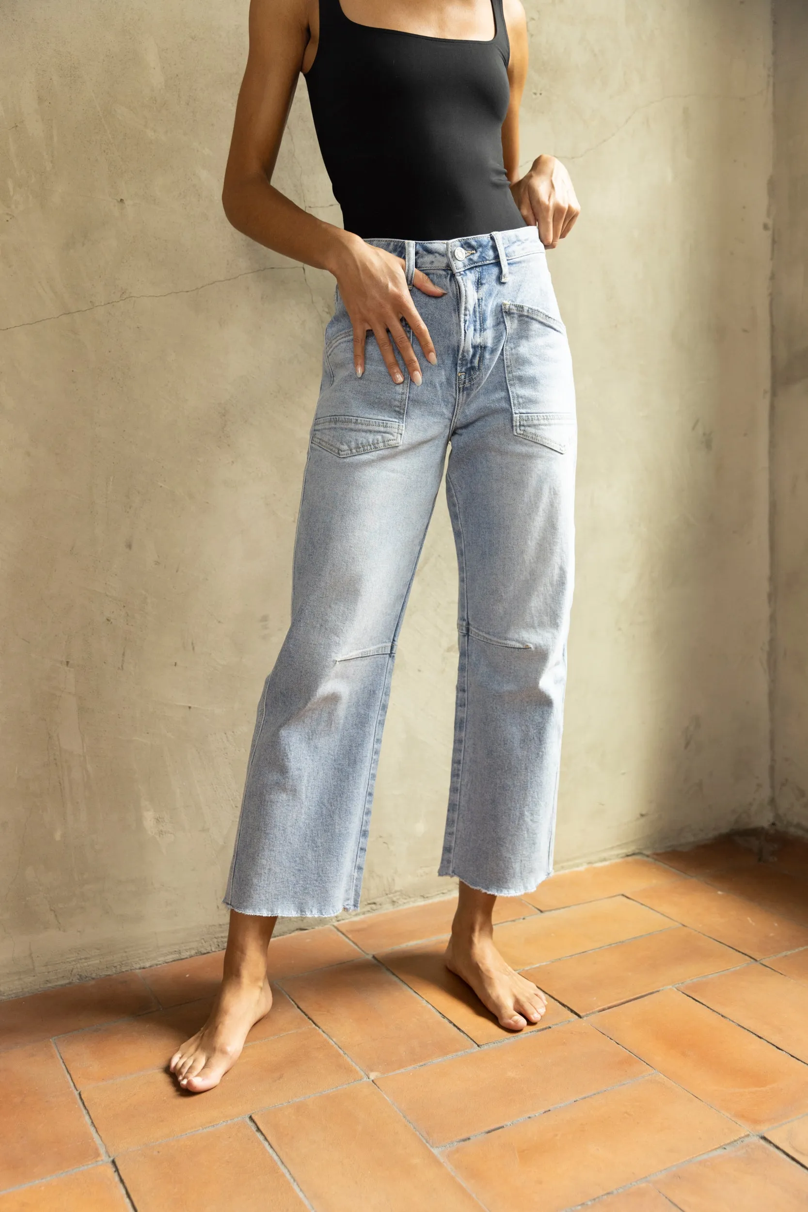 Preston High Rise Patch Pocket Wide Leg Jeans