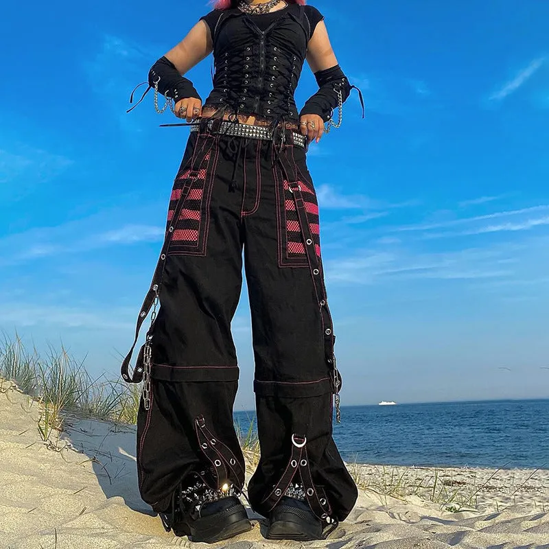 Punk-Inspired Chain Cargo Pants with Straps