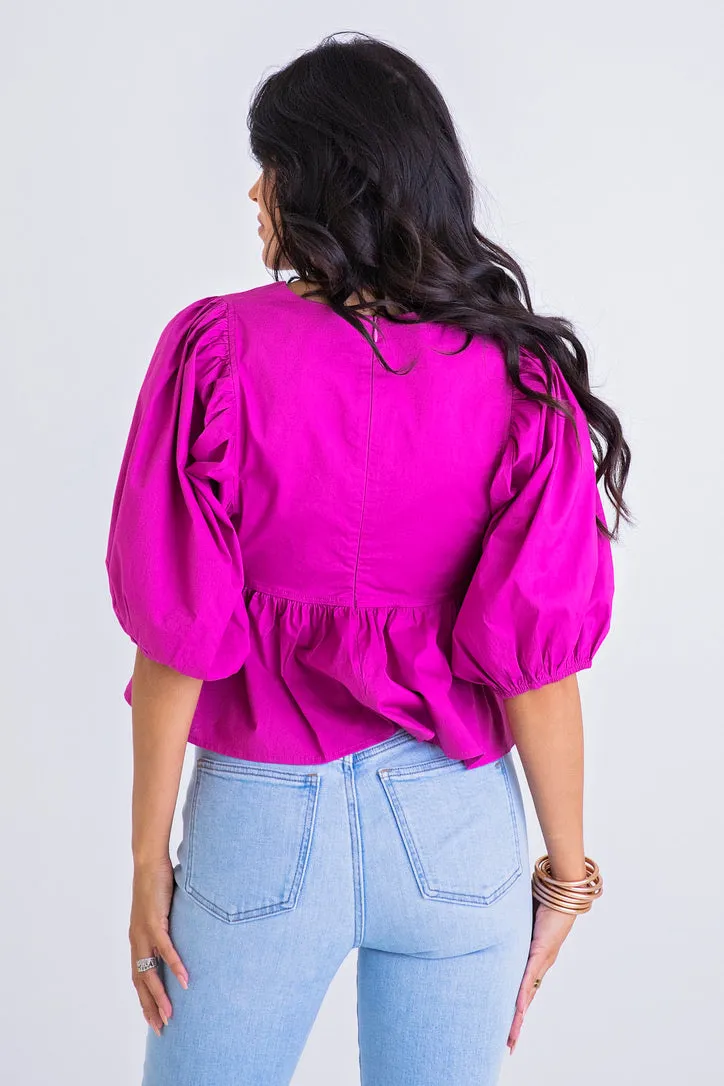 Vneck Poplin Puff Sleeve Top