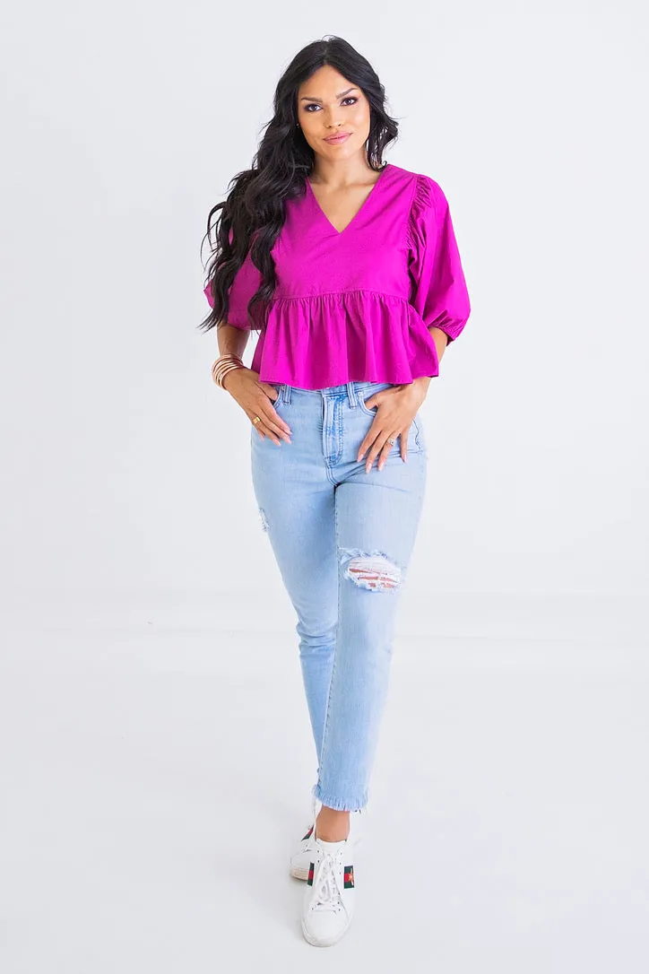 Vneck Poplin Puff Sleeve Top