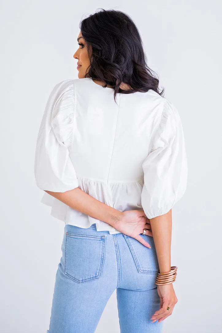 Vneck Poplin Puff Sleeve Top