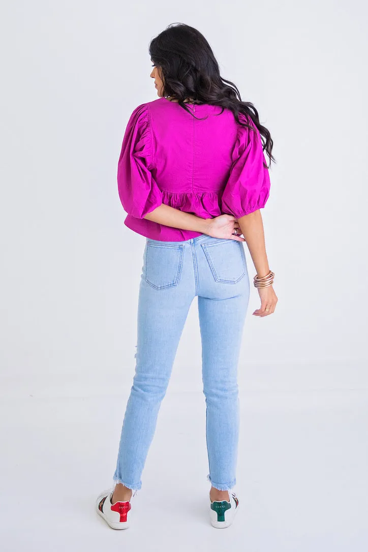 Vneck Poplin Puff Sleeve Top