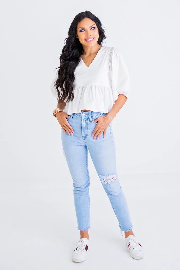 Vneck Poplin Puff Sleeve Top