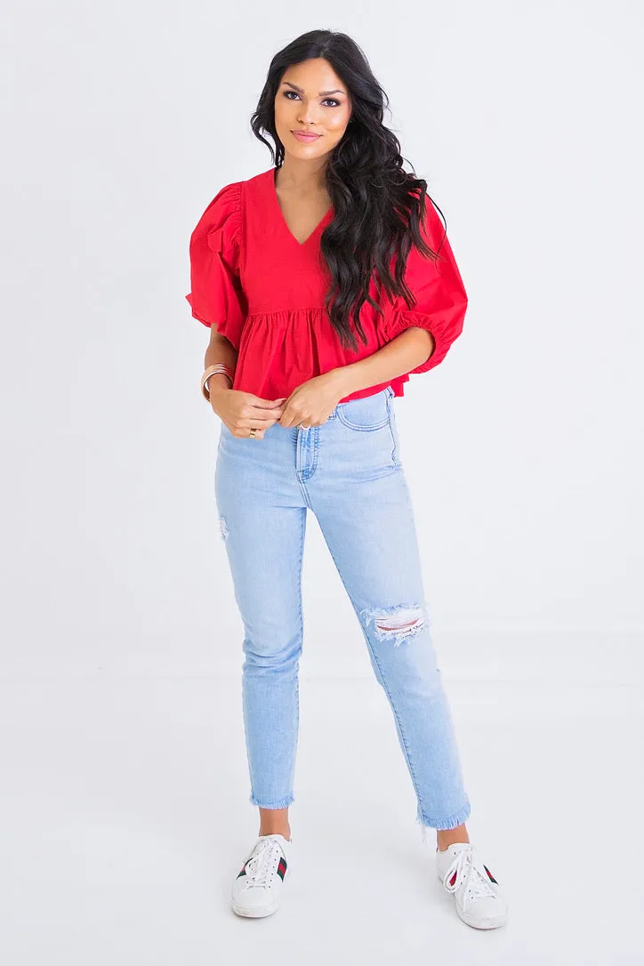 Vneck Poplin Puff Sleeve Top