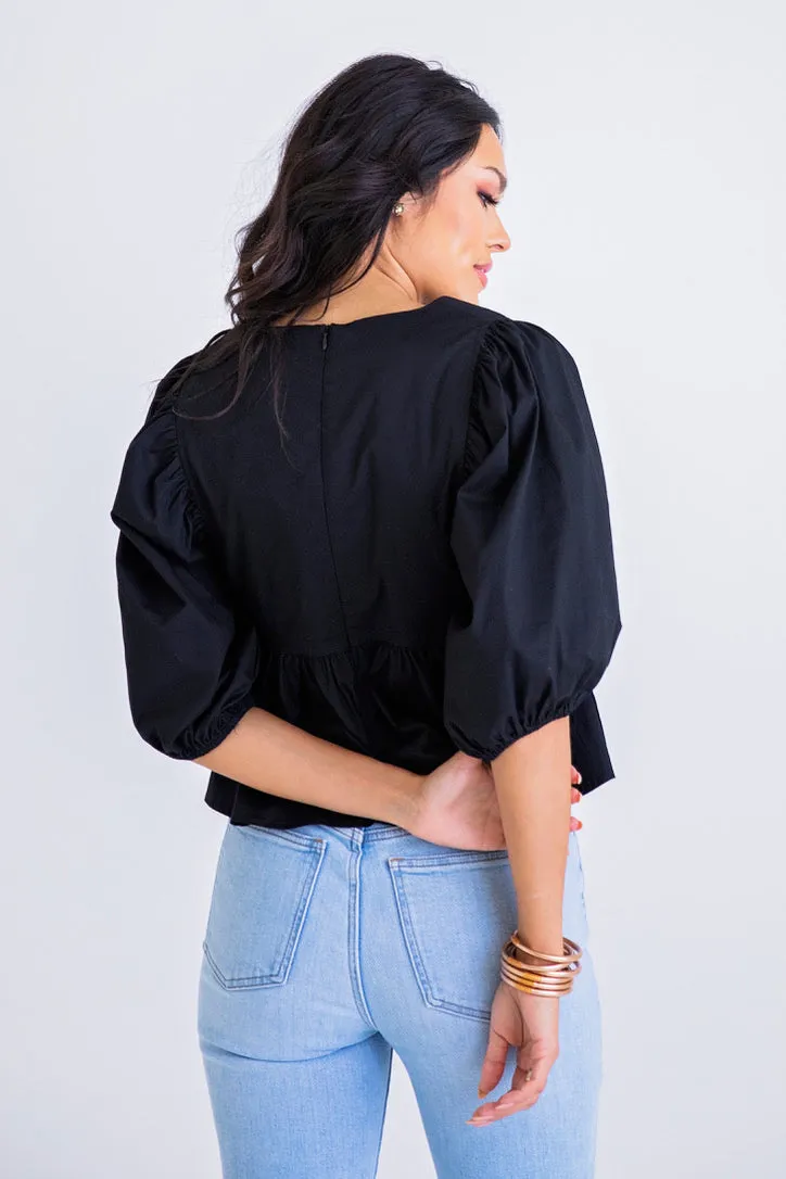 Vneck Poplin Puff Sleeve Top