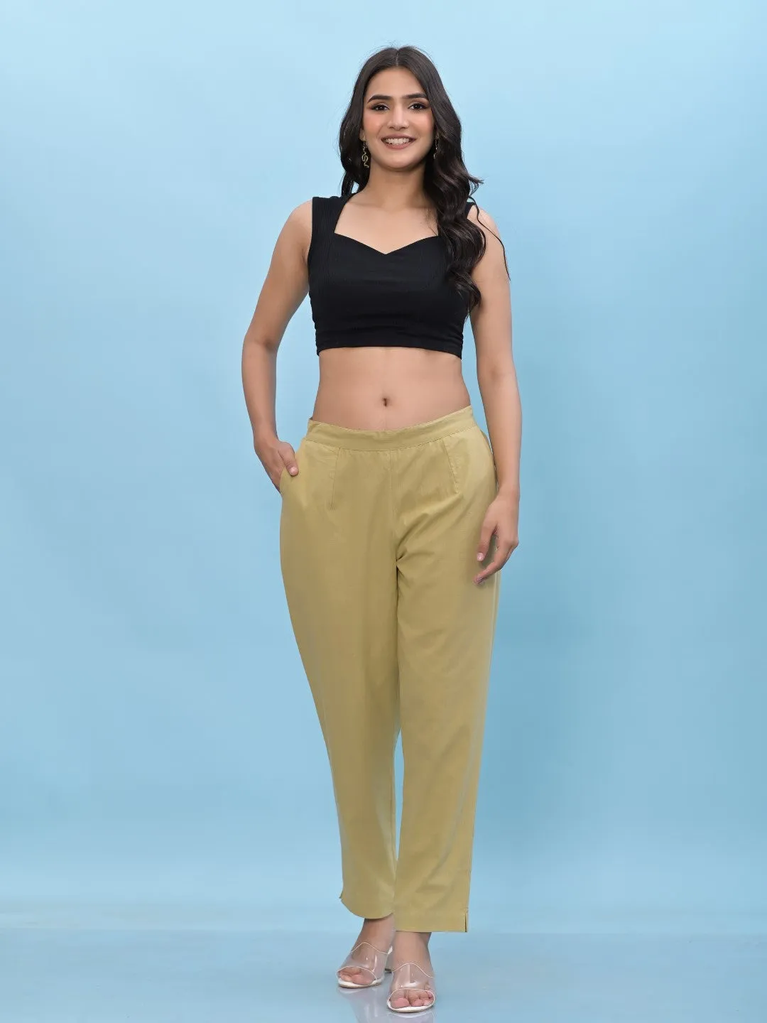 Women Olive Solid Cotton Pants With Partially Elasticated Waistband And Two Side Pockets