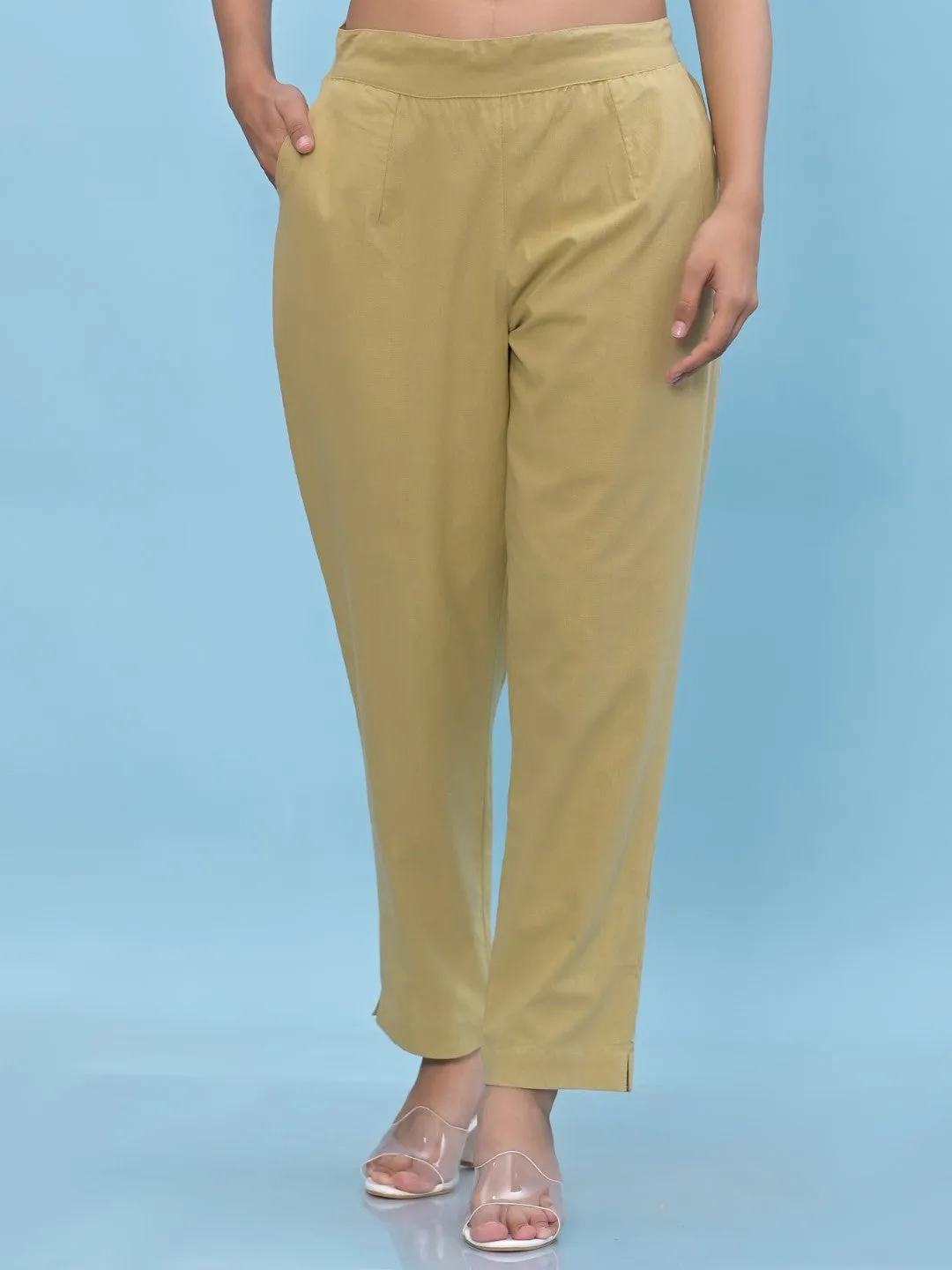 Women Olive Solid Cotton Pants With Partially Elasticated Waistband And Two Side Pockets