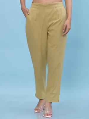 Women Olive Solid Cotton Pants With Partially Elasticated Waistband And Two Side Pockets